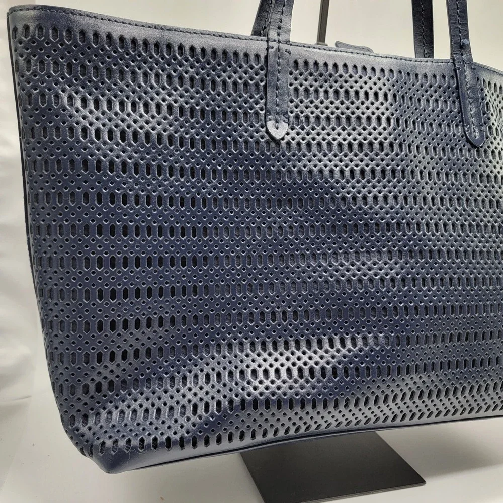Brooks Brothers Navy Perforated Laser Cut Leather Tote Shoulder Purse Bag